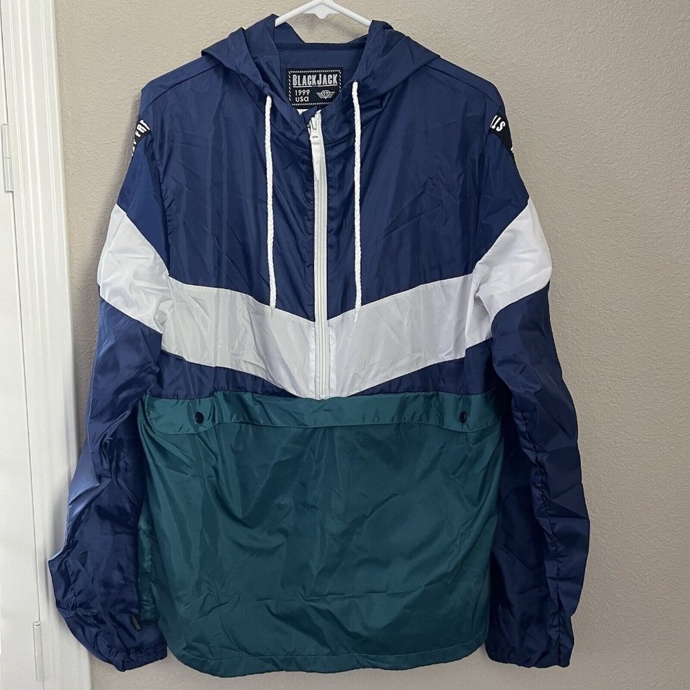 Black Jack 1999 USA Jacket Sz Large Windbreaker Surfer Blue Pullover 1/2 Zip 90s